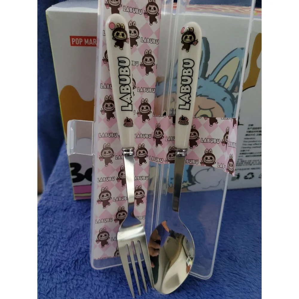 Labubu White Silver Flatware Set One Spoon and Fork in a plastic carrying case.